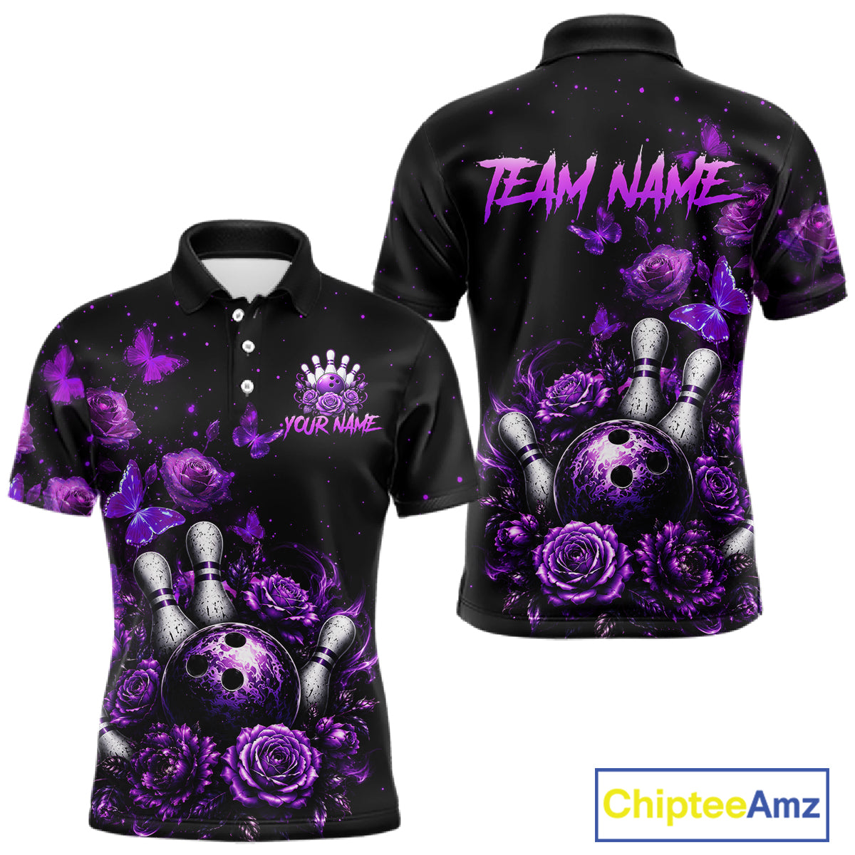 Custom purple rose butterfly bowling jersey for men, personalized team bowling polo shirt front view and back view