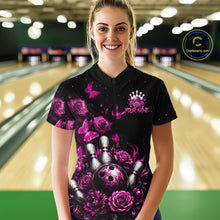 Load image into Gallery viewer, Women’s pink rose butterfly bowling quarter zip shirt, front view on female model in bowling lane 