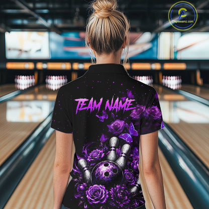Women’s purple rose butterfly bowling polo shirt, back view on female model in bowling lane 