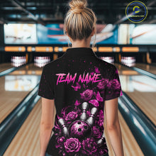 Load image into Gallery viewer, Women’s pink rose butterfly bowling polo shirt, back view on female model in bowling lane 