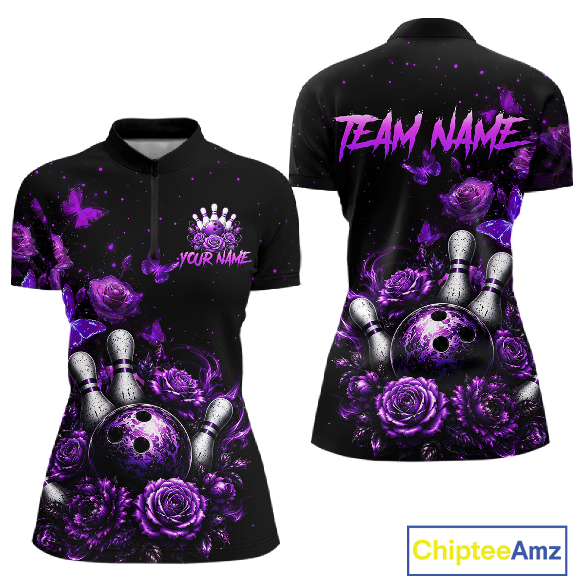 Custom purple rose butterfly bowling jersey for women, personalized team bowling quarter zip shirt front view and back view