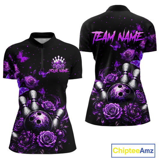 Custom purple rose butterfly bowling jersey for women, personalized team bowling quarter zip shirt front view and back view