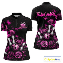 Load image into Gallery viewer, Custom pink rose butterfly bowling jersey for women, personalized team bowling quarter zip shirt front view and back view