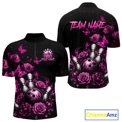 Custom pink rose butterfly bowling jersey for men, personalized team bowling quarter zip shirt front view and back view