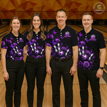 Load image into Gallery viewer, Group of bowlers in purple rose butterfly team shirts, personalized bowling uniforms front view.