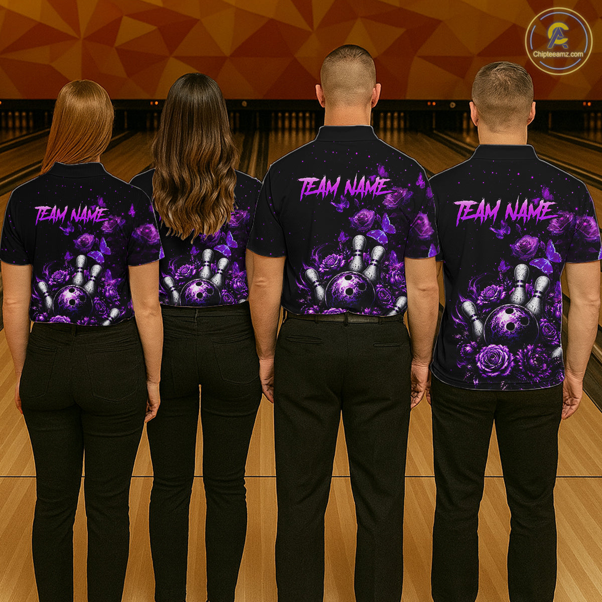 Group of bowlers in purple rose butterfly team shirts, personalized bowling uniforms back view.