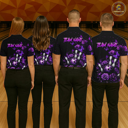 Group of bowlers in purple rose butterfly team shirts, personalized bowling uniforms back view.