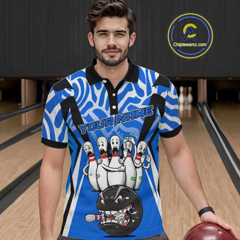 Custom Blue Funny Bowling Jersey for Men Bowling Team Shirts Bowling League Polo & 1/4 Zip HNT155