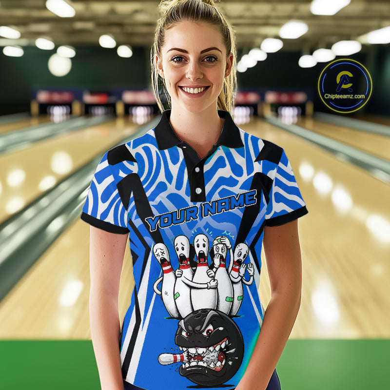 Custom Blue Funny Bowling Jersey for Women Bowling Team Shirts Bowling League Polo & 1/4 Zip HNT155