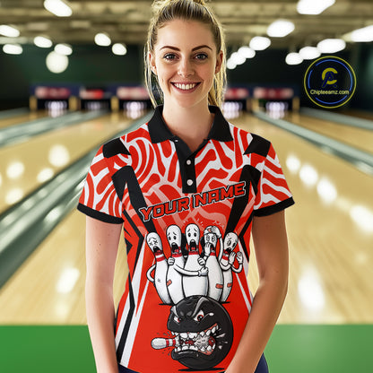 Custom Red Funny Bowling Jersey for Women Bowling Team Shirts Bowling League Polo & 1/4 Zip HNT155
