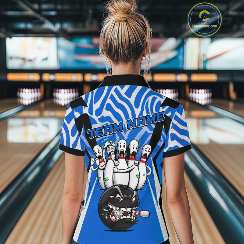 Custom Blue Funny Bowling Jersey for Women Bowling Team Shirts Bowling League Polo & 1/4 Zip HNT155