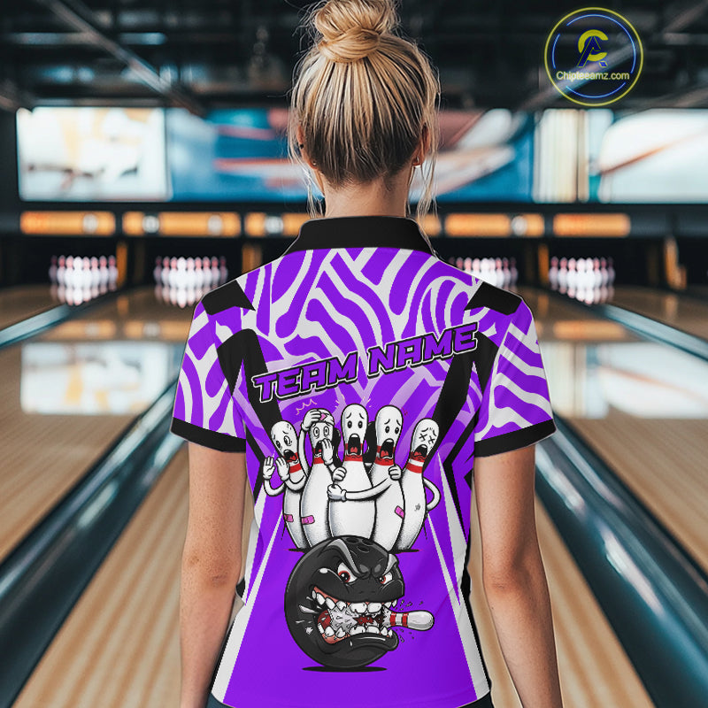 Custom Purple Funny Bowling Jersey for Women Bowling Team Shirts Bowling League Polo & 1/4 Zip HNT155