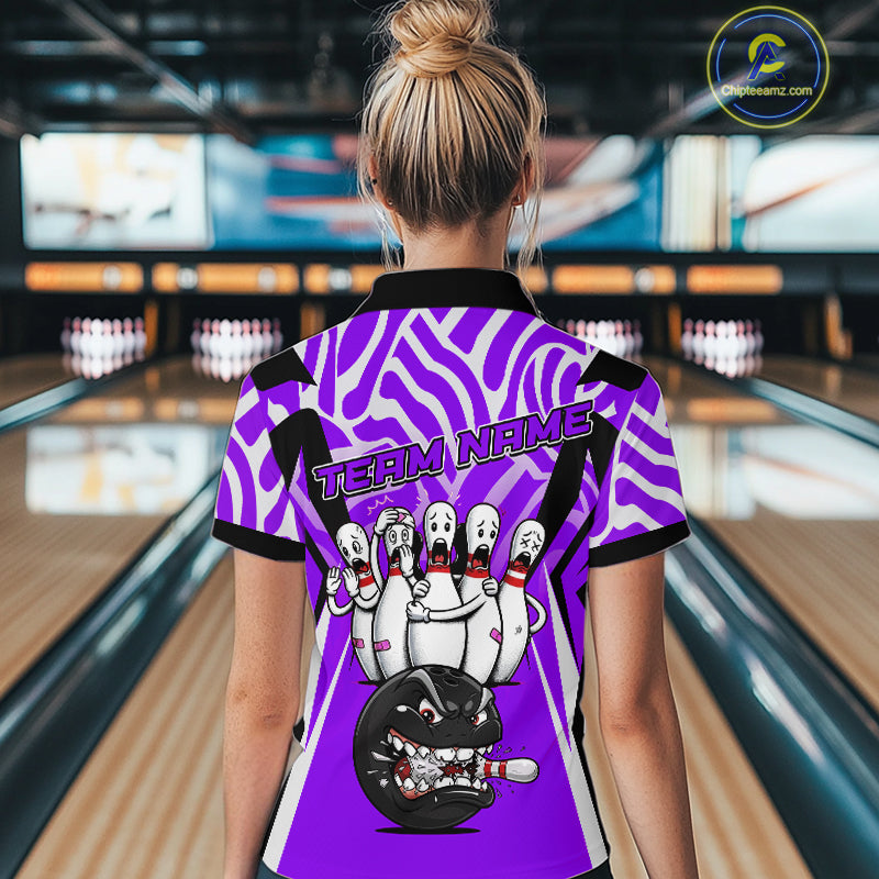 Custom Purple Funny Bowling Jersey for Women Bowling Team Shirts Bowling League Polo & 1/4 Zip HNT155
