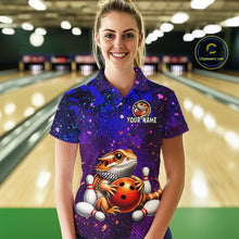 Load image into Gallery viewer, Women’s funny bearded dragon bowling polo shirt, front view on female model in bowling lane 