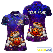 Load image into Gallery viewer, Custom funny bearded dragon bowling jersey for women, personalized team bowling polo shirt front view and back view.