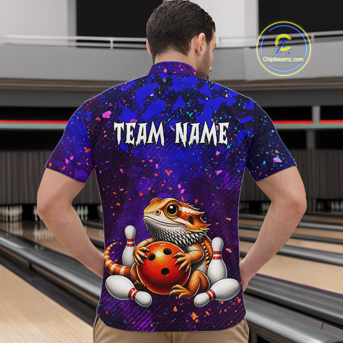 Men’s funny bearded dragon bowling polo shirt, back view on male model in bowling lane 