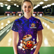 Load image into Gallery viewer, Women’s funny bearded dragon bowling quarter zip shirt, front view on female model in bowling lane 