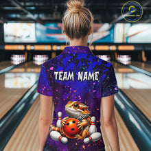 Load image into Gallery viewer, Women’s funny bearded dragon bowling quarter zip shirt, back view on female model in bowling lane 