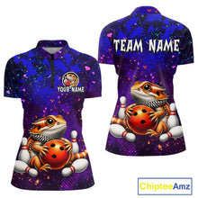 Load image into Gallery viewer, Custom funny bearded dragon bowling jersey for women, personalized team bowling quarter zip shirt front view and back view.
