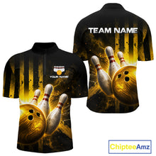 Load image into Gallery viewer, Bowling-themed shirt with 'Team Name' and 'Your Name' text on a black background, featuring a bowling ball and pins design.