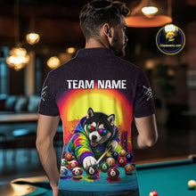 Load image into Gallery viewer, Person wearing a shirt with a colorful design of a dog playing pool, with 'TEAM NAME' text.