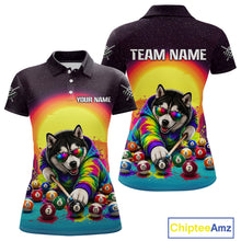 Load image into Gallery viewer, Colorful polo shirt with a dog playing pool design on a white background