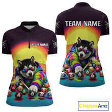 Load image into Gallery viewer, Colorful shirt with a dog playing pool design, featuring 'Your Name' and 'Team Name' text on a white background.