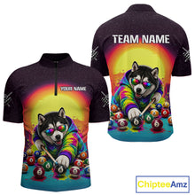 Load image into Gallery viewer, Black cycling jersey with a dog playing pool design, customizable text on sleeves, and visible brand 'Chiptee Amz'.