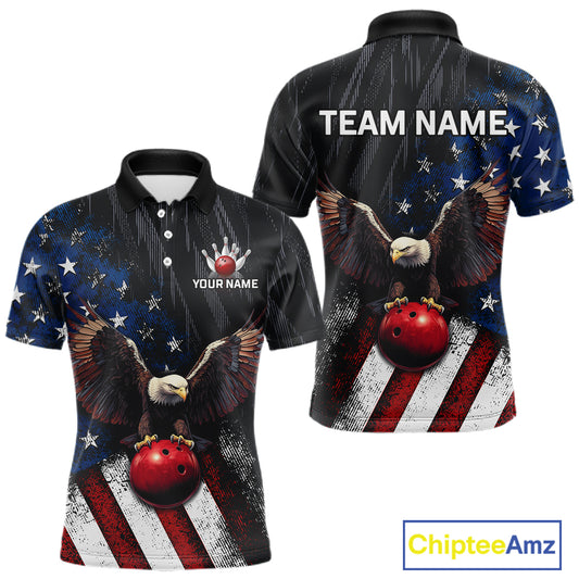 Front and back views of a custom short-sleeve polo shirt featuring a patriotic American flag design with a bald eagle, red bowling balls, and white stars on a dark background. The front shows placeholder text 'YOUR NAME' and 'TEAM NAME' on the back.