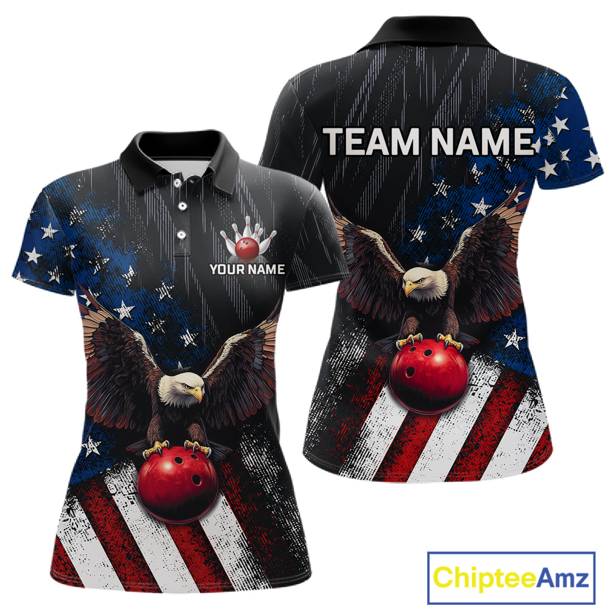 Front and back views of a custom short-sleeve polo shirt featuring a patriotic American flag design with a bald eagle and red bowling ball graphic, customizable text areas, and a ChipteeAmz logo in the corner.