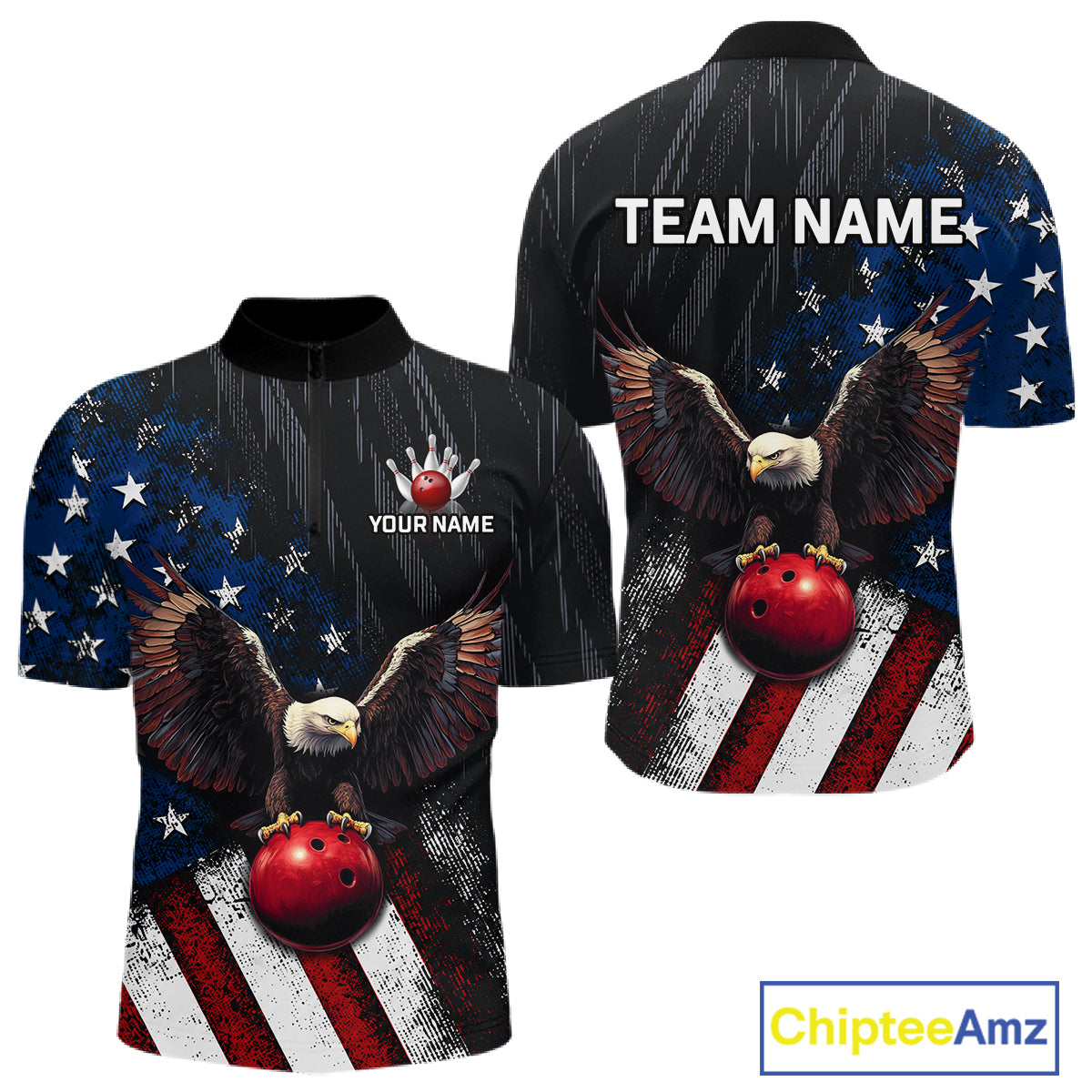 Front and back views of a customizable short-sleeve bowling t-shirt. The shirt features a patriotic design with an American flag pattern, a bald eagle holding a red bowling ball, and customizable text areas reading 'TEAM NAME' on the back and 'YOUR NAME' with a hand icon on the front.