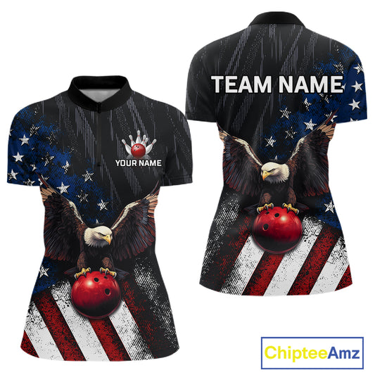 Front and back views of a customizable short-sleeve athletic jersey featuring a patriotic American flag design with bald eagles and red bowling balls, on a white background with a ChipteeAmz logo.