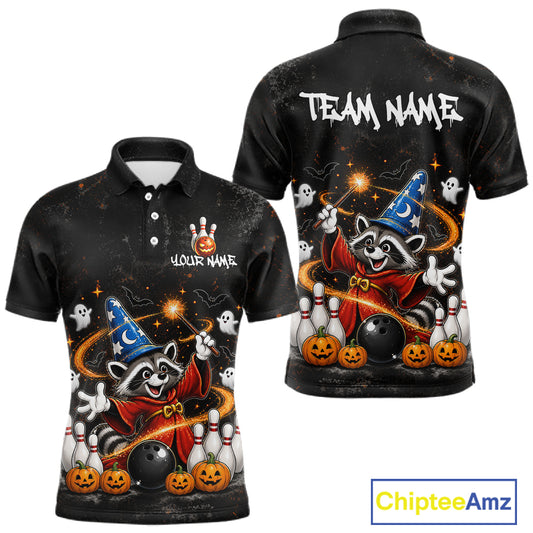 Black short-sleeve polo shirt shown from front and back with a Halloween-themed cartoon raccoon graphic, including a wizard hat, cape, pumpkins, ghosts, bowling pins, and customizable text areas reading 'YOUR NAME' and 'TEAM NAME'.