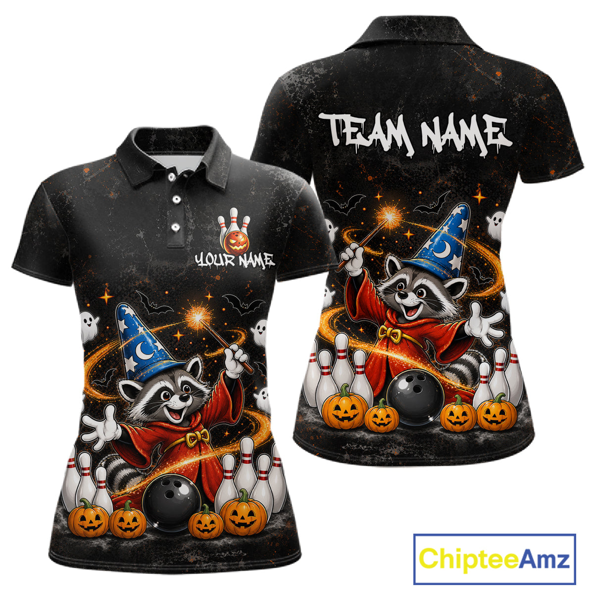 Front and back views of a black short-sleeve polo shirt featuring a Halloween raccoon graphic. The front shows a raccoon in a wizard hat surrounded by bowling pins, balls, pumpkins, and ghosts, with placeholder text 'YOUR NAME' and 'TEAM NAME' on the chest and back.