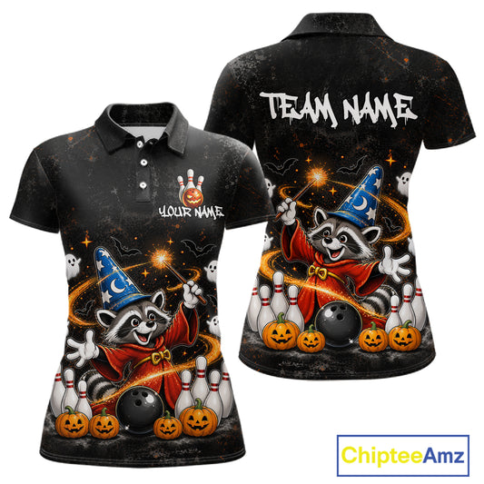 Front and back views of a black short-sleeve polo shirt featuring a Halloween raccoon graphic. The front shows a raccoon in a wizard hat surrounded by bowling pins, balls, pumpkins, and ghosts, with placeholder text 'YOUR NAME' and 'TEAM NAME' on the chest and back.