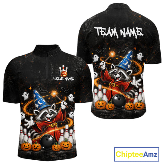 Front and back views of a black short-sleeve polo shirt with a Halloween-themed all-over print featuring a raccoon in a wizard hat, pumpkins, ghosts, bowling pins, and customizable text areas on the chest and neck.