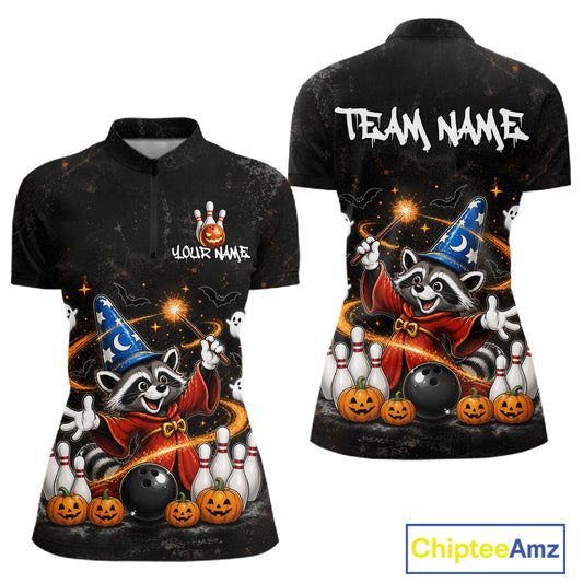 Front and back views of a black short-sleeve polo shirt with a Halloween-themed raccoon wizard graphic, including pumpkins, bowling balls, ghosts, and customizable text areas, shown on a white background with a ChipteeAmz logo in the corner.