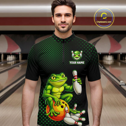 Custom Funny Frog Bowling Jersey for Men Bowling Team Shirts Bowling League Polo & 1/4 Zip HNT246
