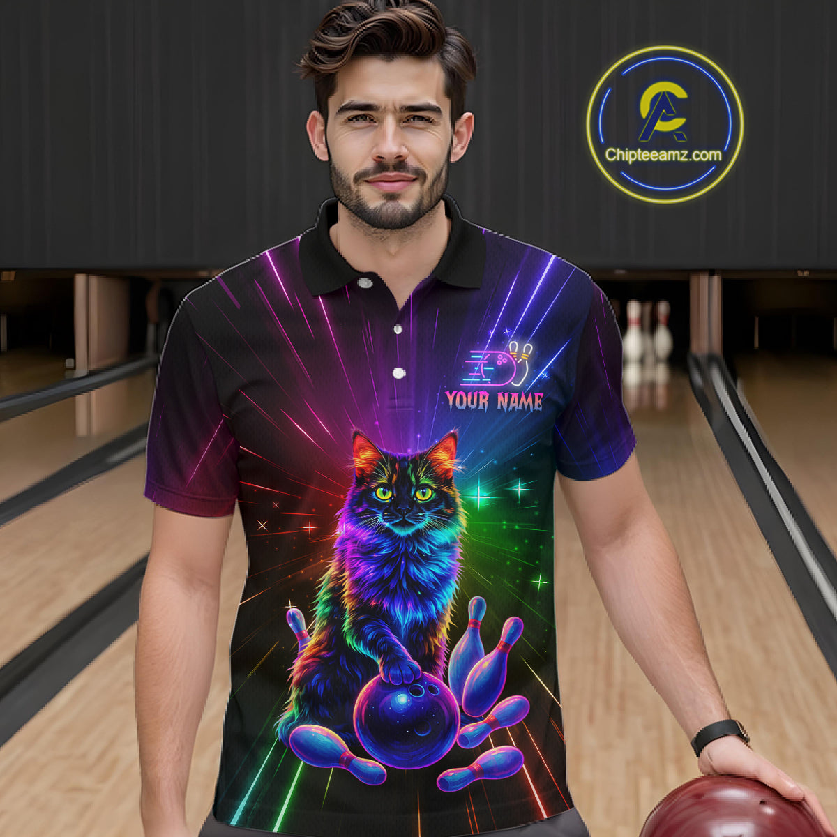 Custom Funny Cat Neon Colorful Bowling Jersey for Men Bowling Uniform Bowling Team Shirts HNT281
