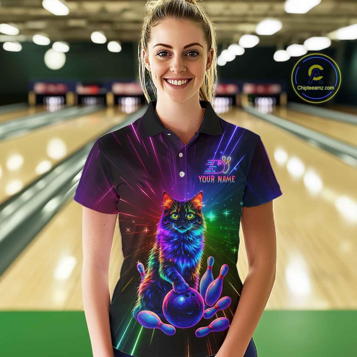 Custom Funny Cat Neon Colorful Bowling Jersey for Women Bowling Uniform Bowling Team Shirts HNT281