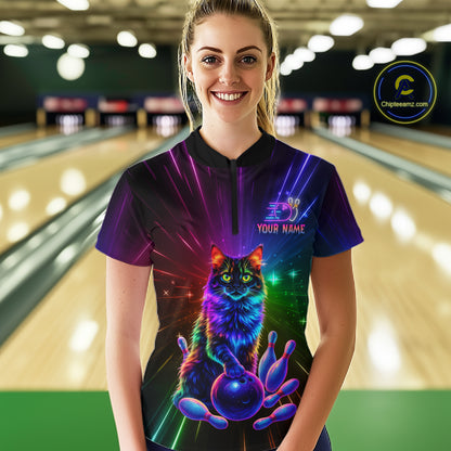 Custom Funny Cat Neon Colorful Bowling Jersey for Women Bowling Uniform Bowling Team Shirts HNT281