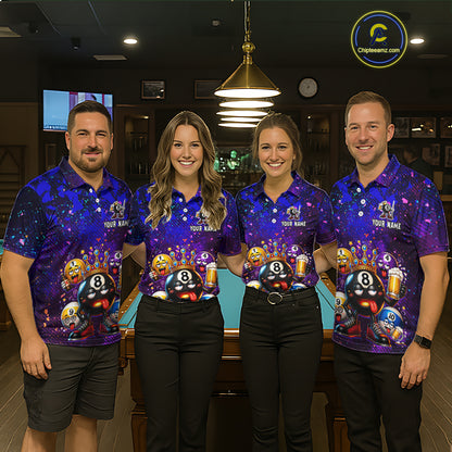 Four people standing together in a bar or pool hall wearing matching purple and blue graphic polo shirts with cartoon billiards-themed prints, black pants, and standing behind a pool table.