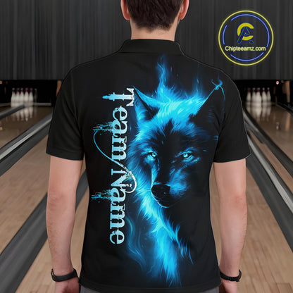 Custom Blue Flame Wolf Bowling Jersey for Men Polo & 1/4 Zip Bowling Team Shirts HNT148