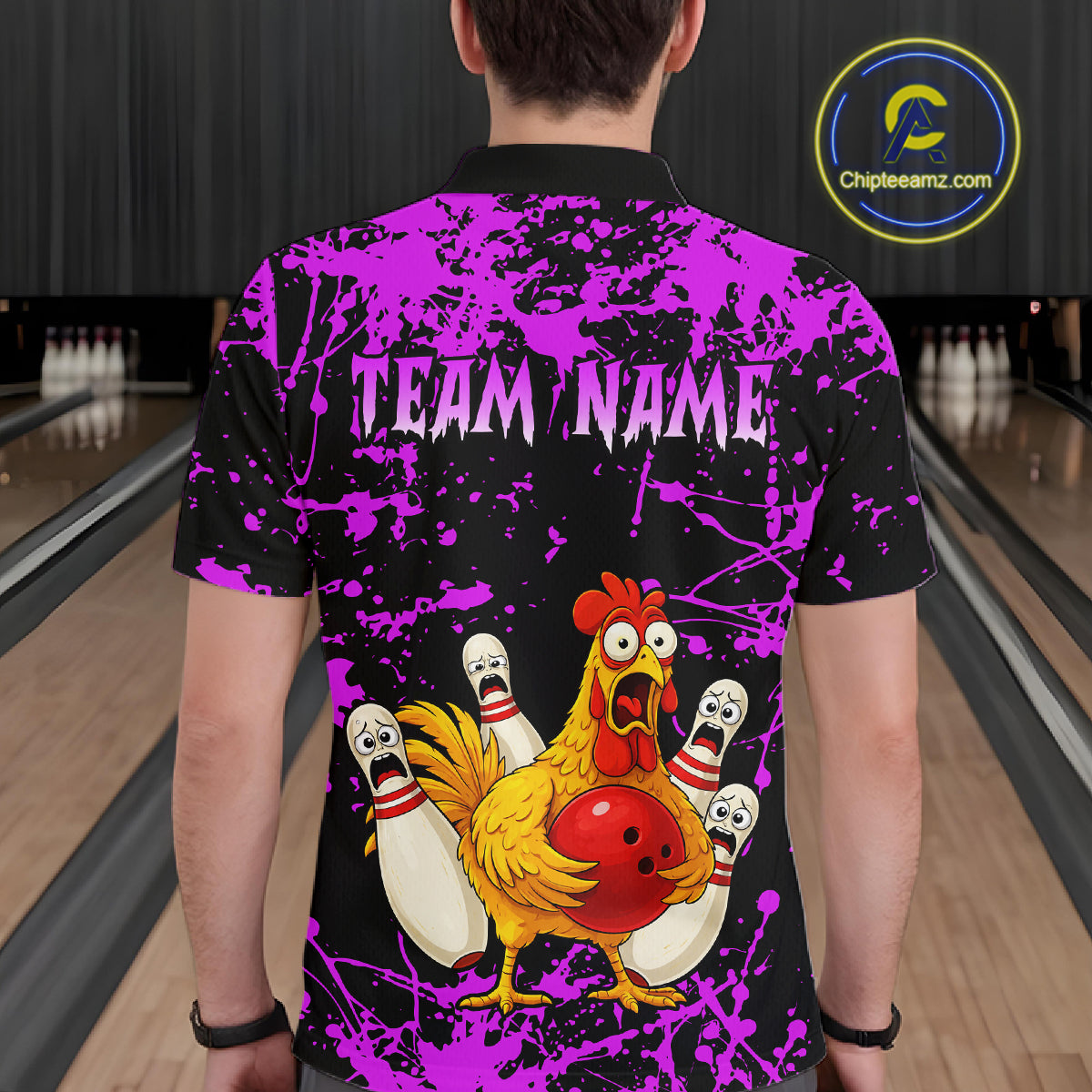 Custom Purple Funny Chicken Bowling Jersey for Men Bowling Uniform Bowling Team Shirts HNT282