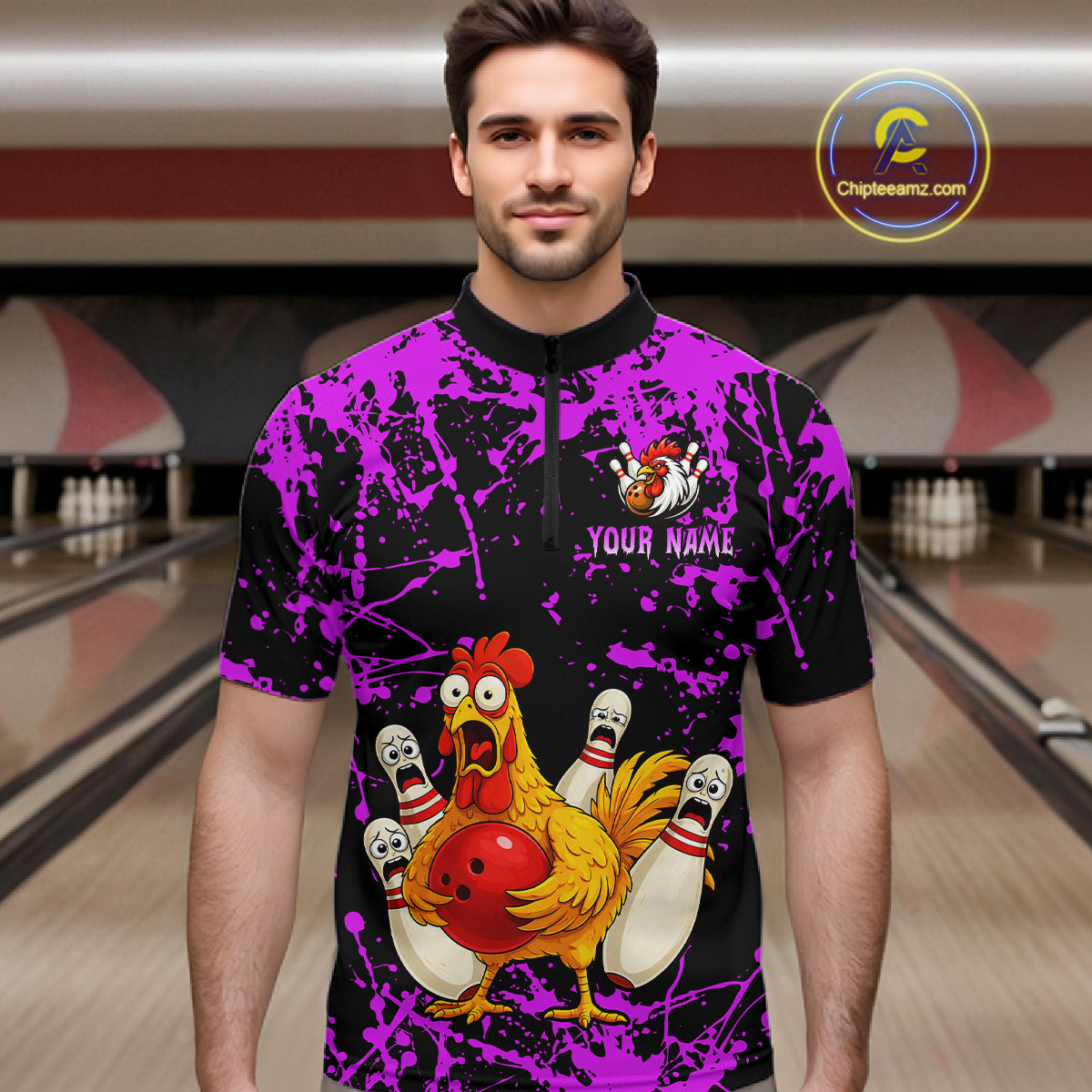 Custom Purple Funny Chicken Bowling Jersey for Men Bowling Uniform Bowling Team Shirts HNT282