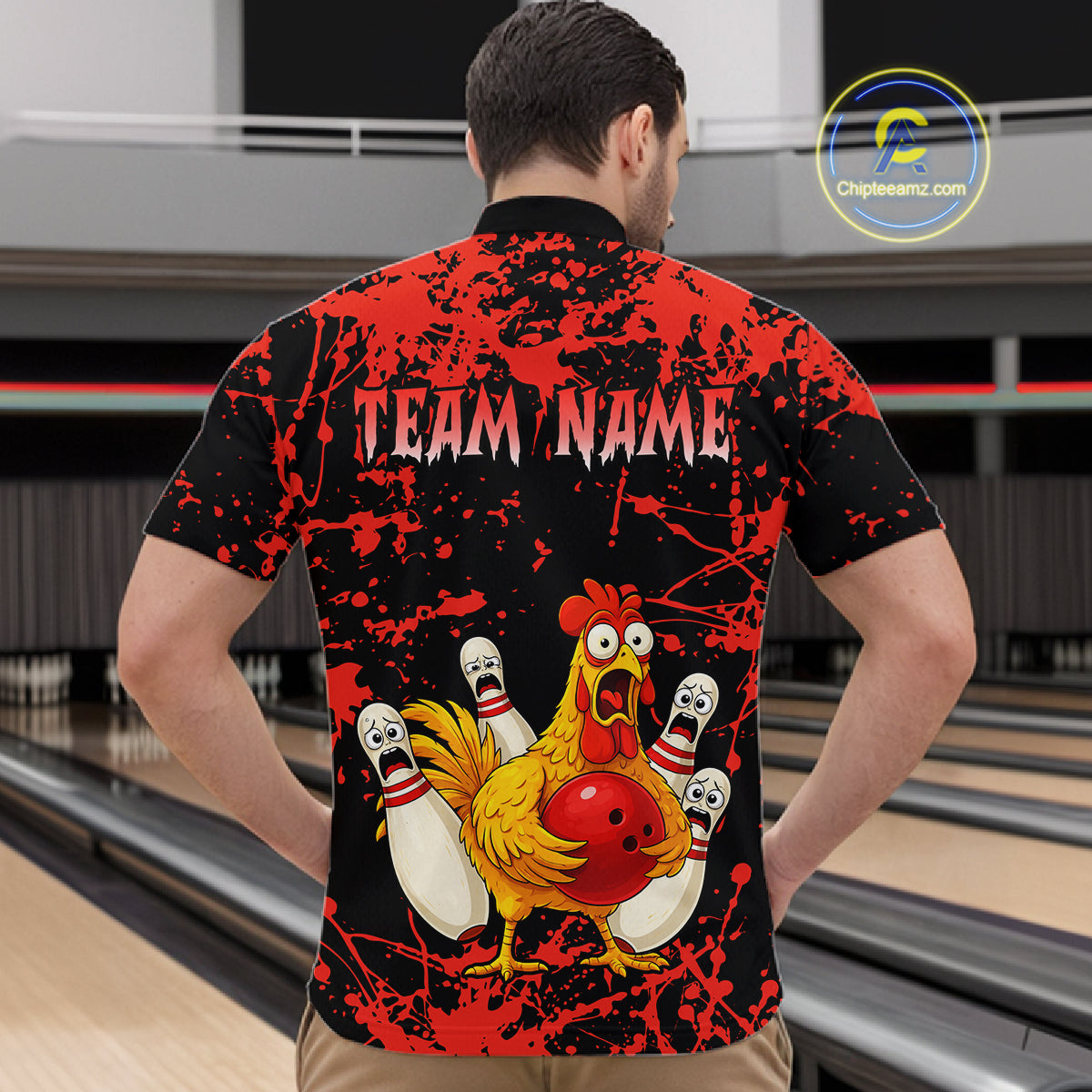 Custom Red Funny Chicken Bowling Jersey for Men Bowling Uniform Bowling Team Shirts HNT282