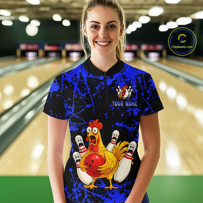 Custom Blue Funny Chicken Bowling Jersey for Women Bowling Uniform Bowling Team Shirts HNT282