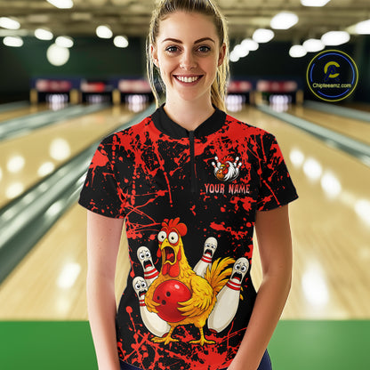 Custom Red Funny Chicken Bowling Jersey for Women Bowling Uniform Bowling Team Shirts HNT282