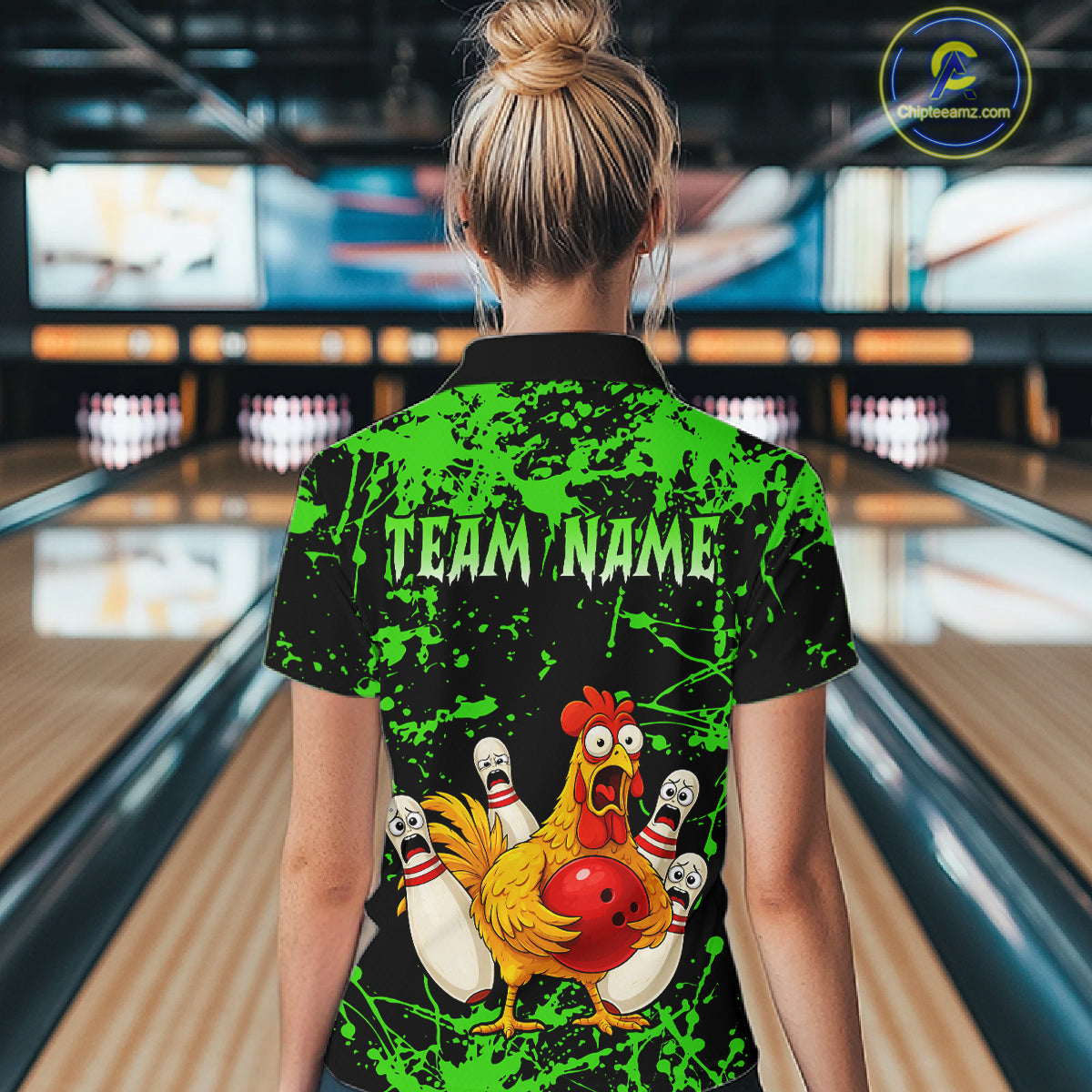 Custom Green Funny Chicken Bowling Jersey for Women Bowling Uniform Bowling Team Shirts HNT282