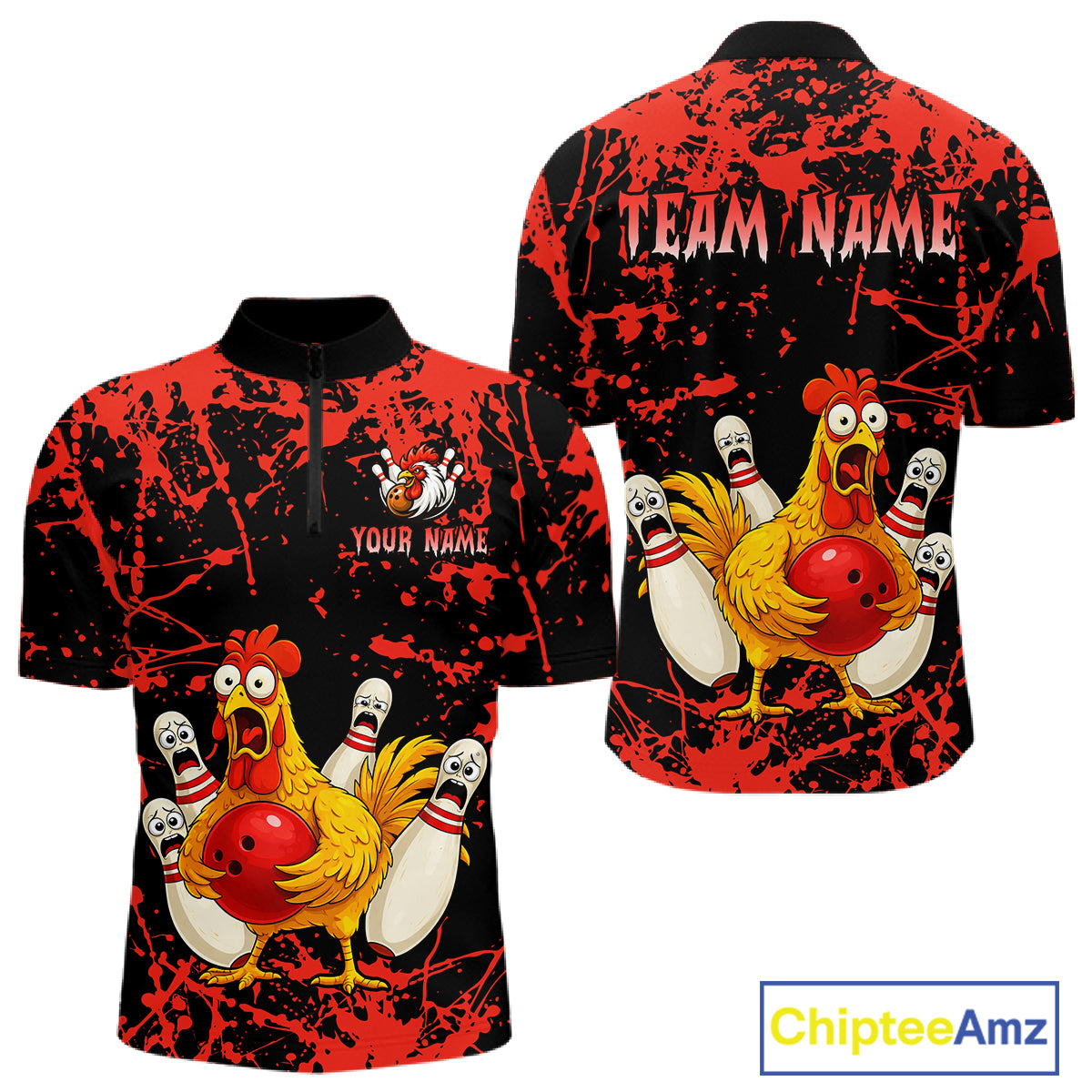 Custom Red Funny Chicken Bowling Jersey for Men Bowling Uniform Bowling Team Shirts HNT282